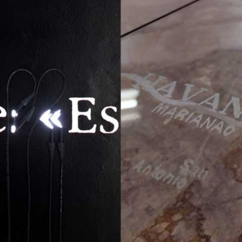 Left: Joseph Kosuth, ‘(A Grammatical Remark) #3’, 1990 (detail)  – Right: Seamus Farrell, ‘Cuba, A Horizon Line Alined’, 2015 (detail)